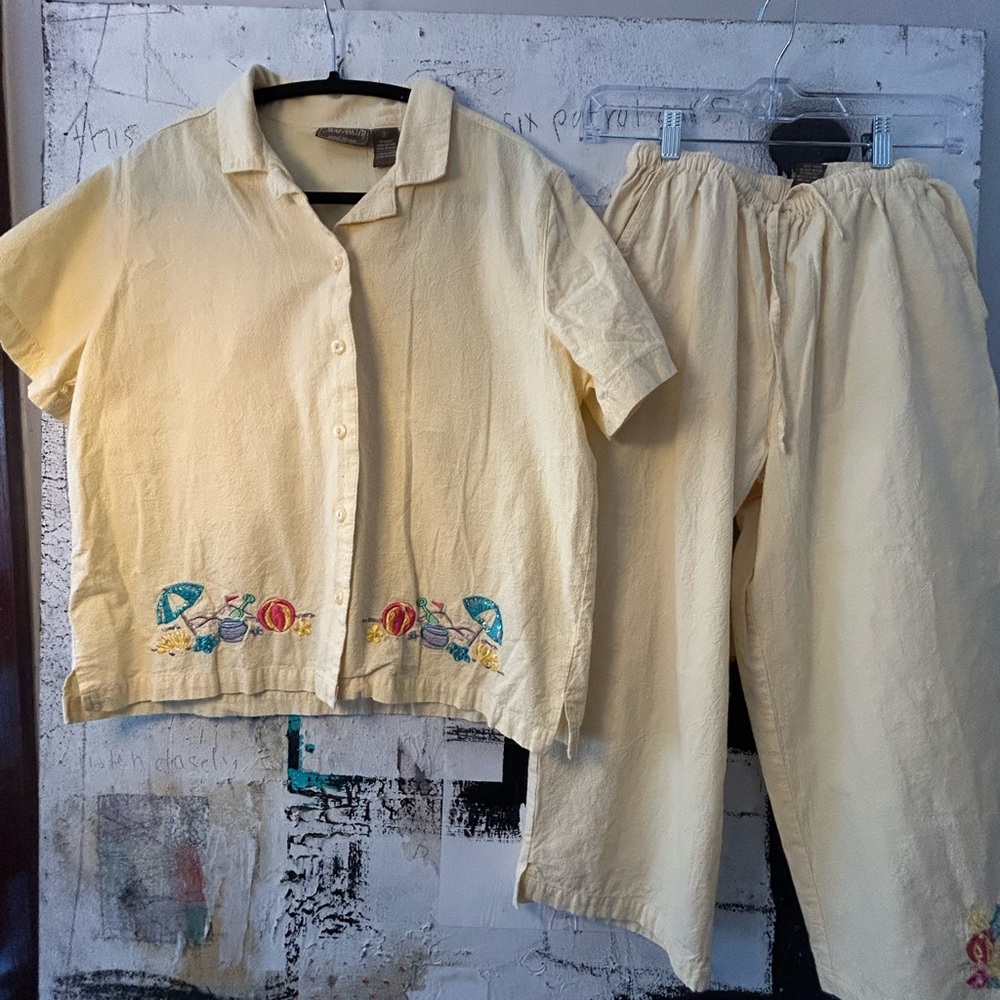 Vintage Yellow Embroidered Shirt and Pants Set